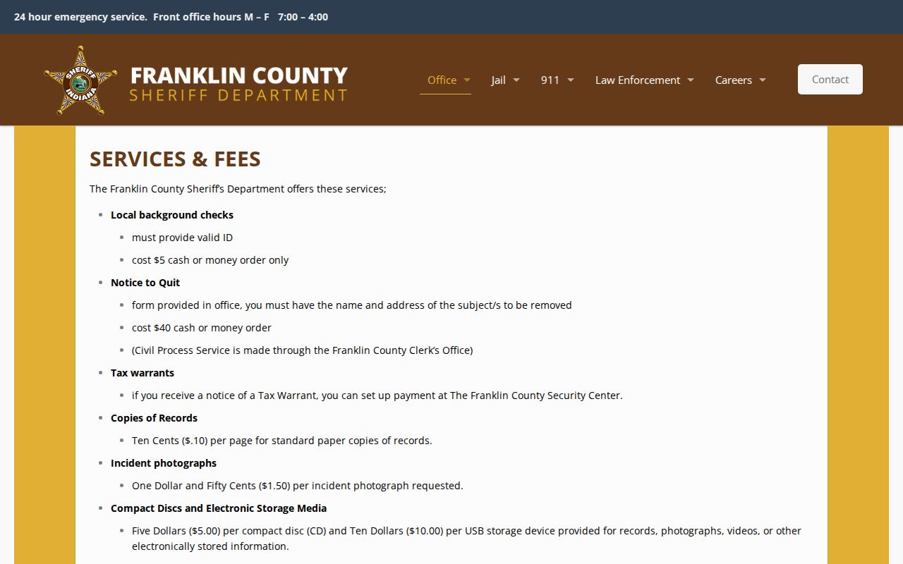 Franklin County warrant records copy fee information