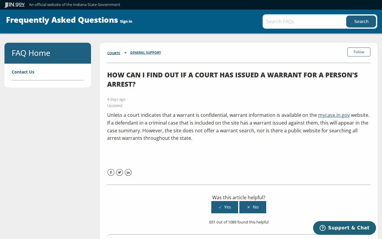 Indiana guidance on Franklin County warrant records and statewide search limits